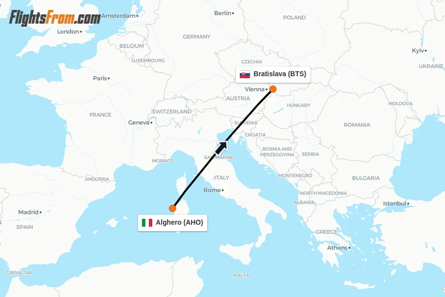 Flights from Alghero to Bratislava route map