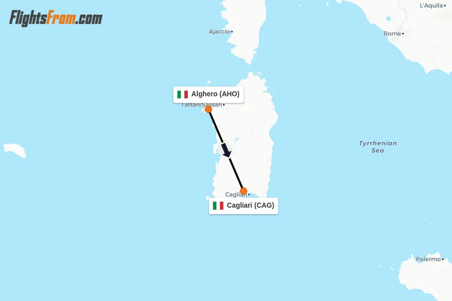 Flights from Alghero to Cagliari route map