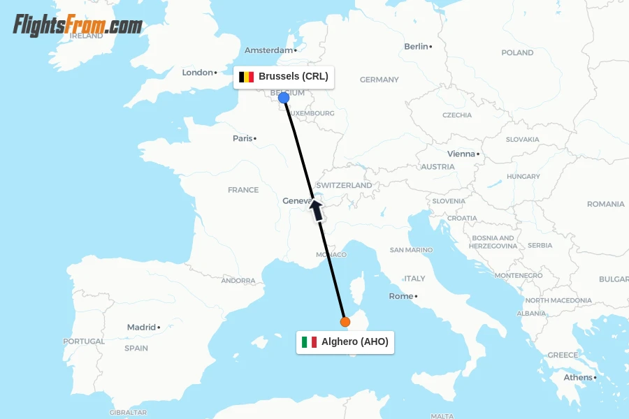 Flights from Alghero to Brussels route map