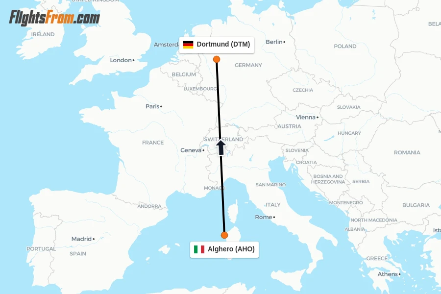 Flights from Alghero to Dortmund route map