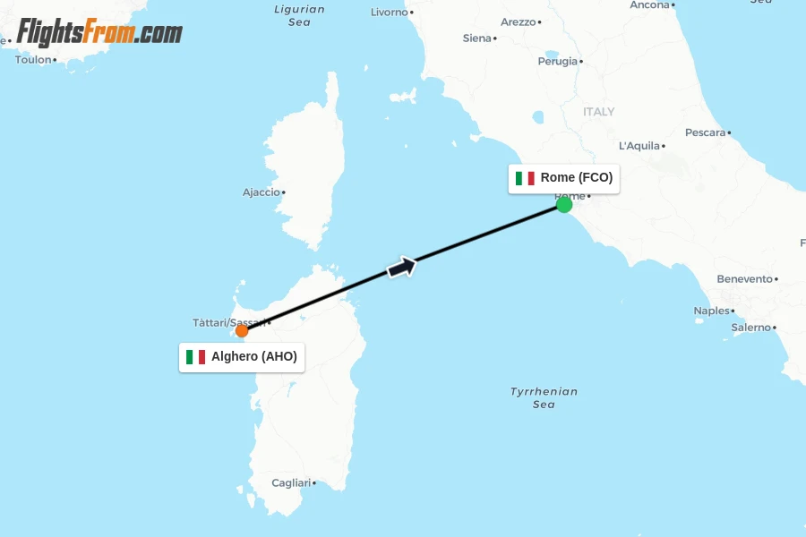 Flights from Alghero to Rome route map