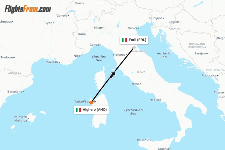 Flights from Alghero to Forli route map