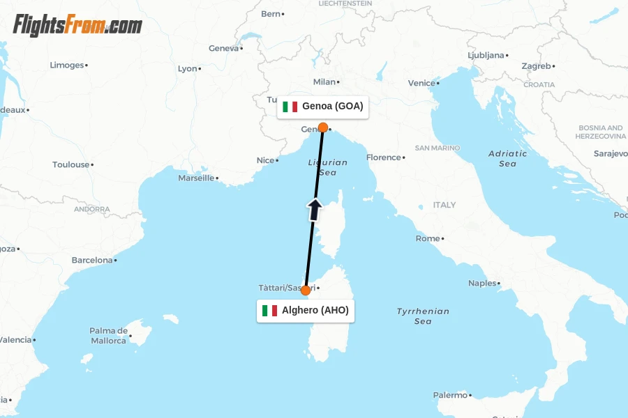 Flights from Alghero to Genoa route map