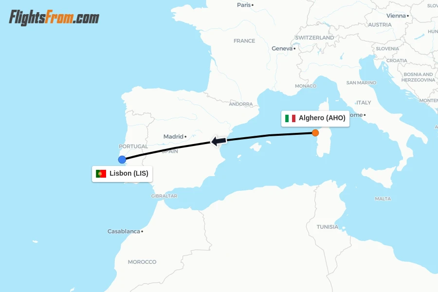 Flights from Alghero to Lisbon route map