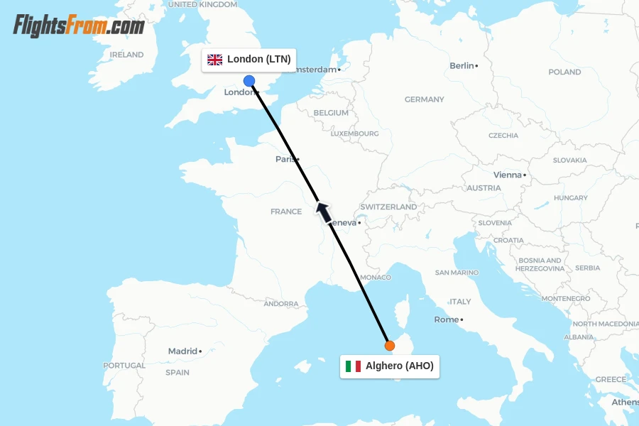 Flights from Alghero to London route map