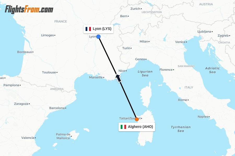 Flights from Alghero to Lyon route map