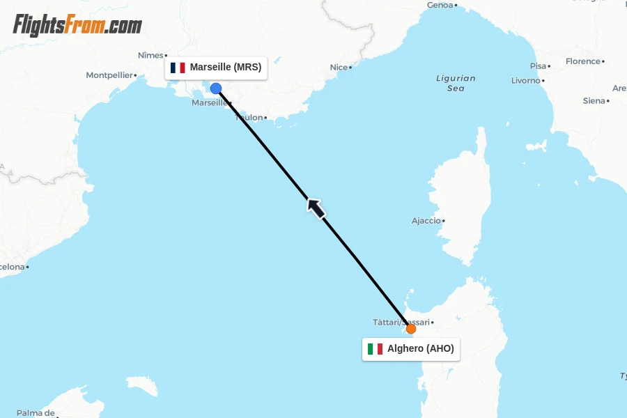 Flights from Alghero to Marseille route map