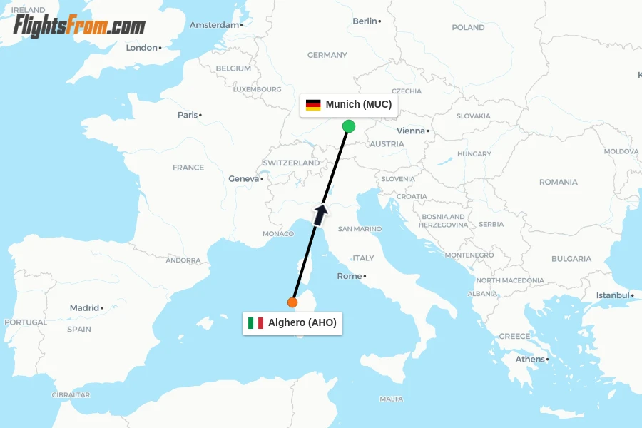 Flights from Alghero to Munich route map