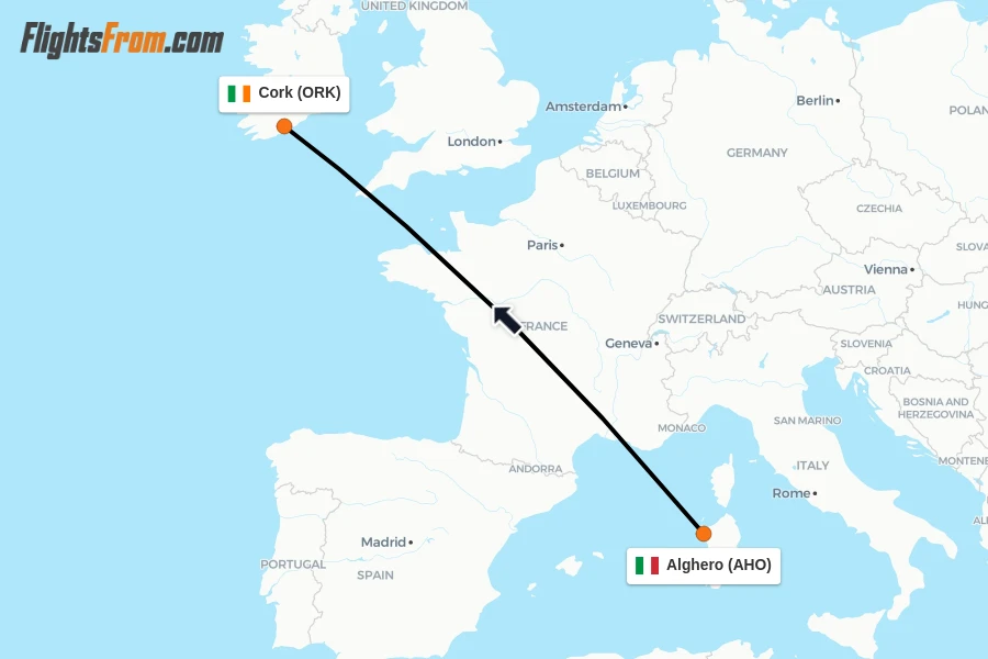 Flights from Alghero to Cork route map