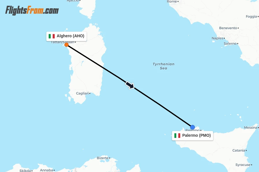 Flights from Alghero to Palermo route map