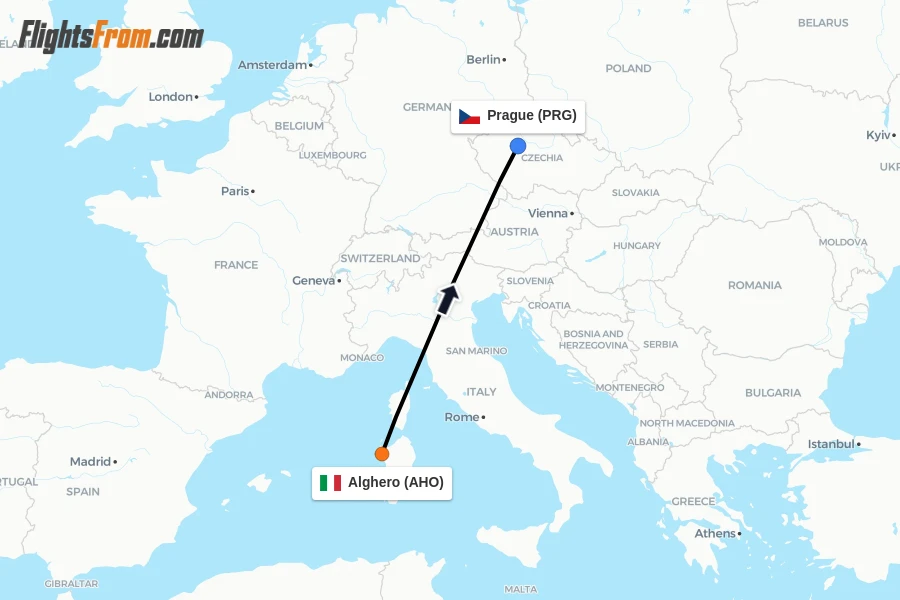 Flights from Alghero to Prague route map