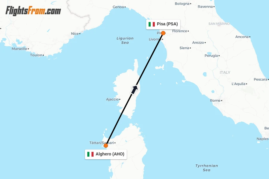 Flights from Alghero to Pisa route map