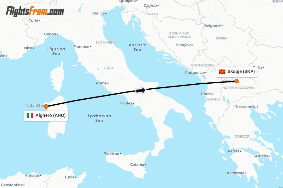 Flights from Alghero to Skopje route map