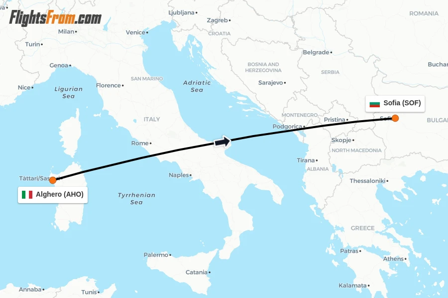 Flights from Alghero to Sofia route map