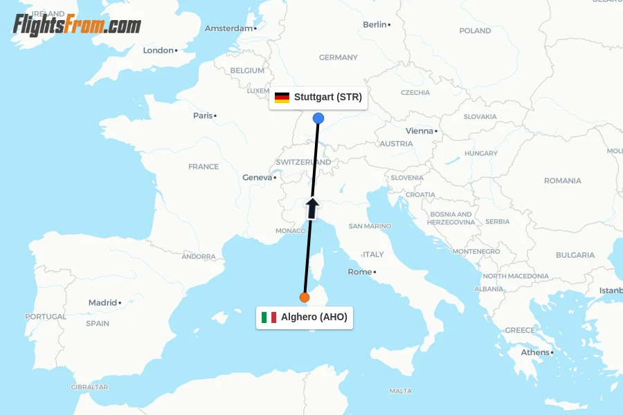 Flights from Alghero to Stuttgart route map