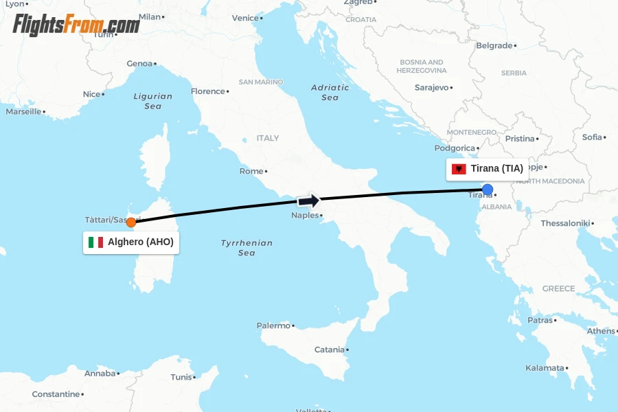 Flights from Alghero to Tirana route map