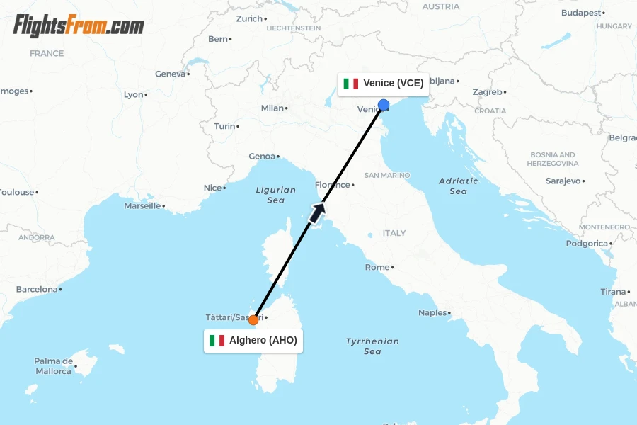 Flights from Alghero to Venice route map