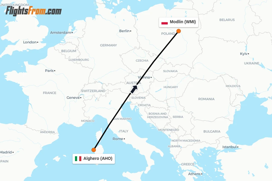 Flights from Alghero to Modlin route map
