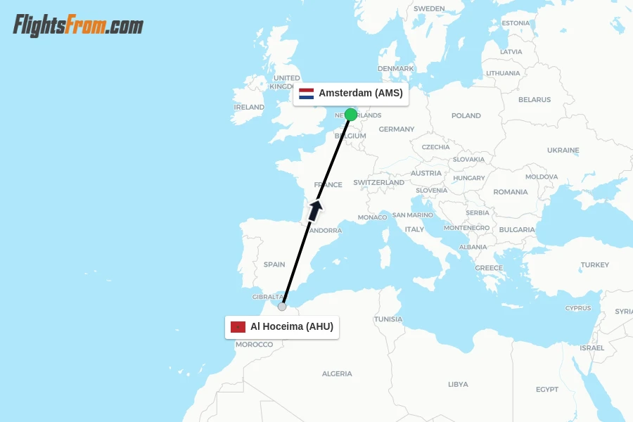 Flights from Al Hoceima to Amsterdam route map