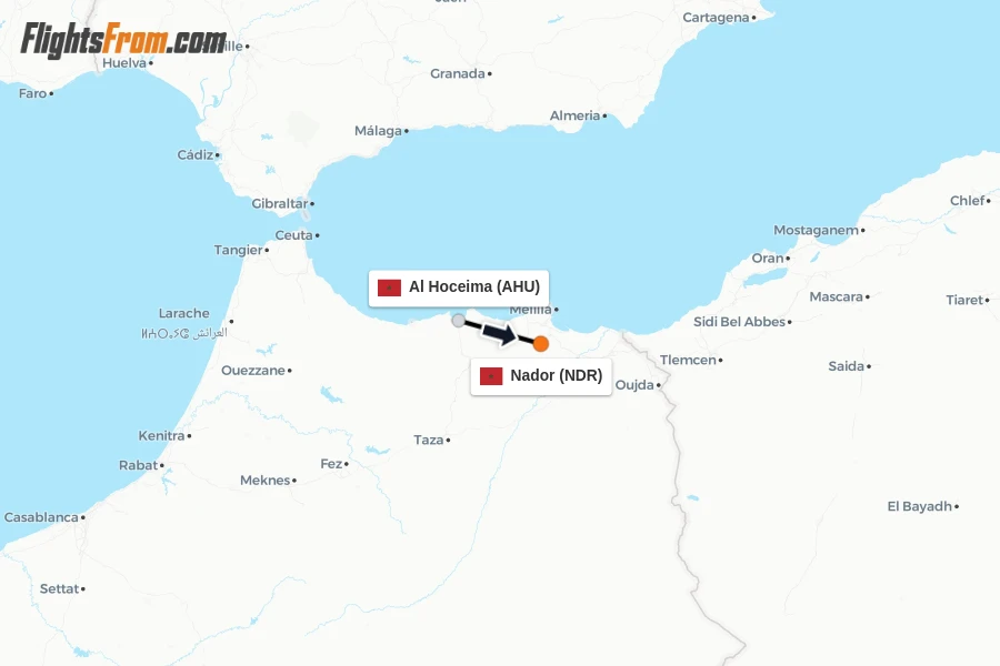 Flights from Al Hoceima to Nador route map