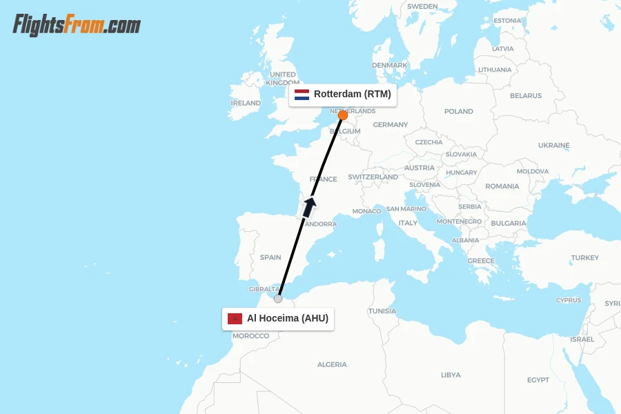 Flights from Al Hoceima to Rotterdam route map