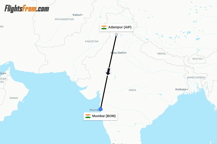 Flights from Adampur to Mumbai route map