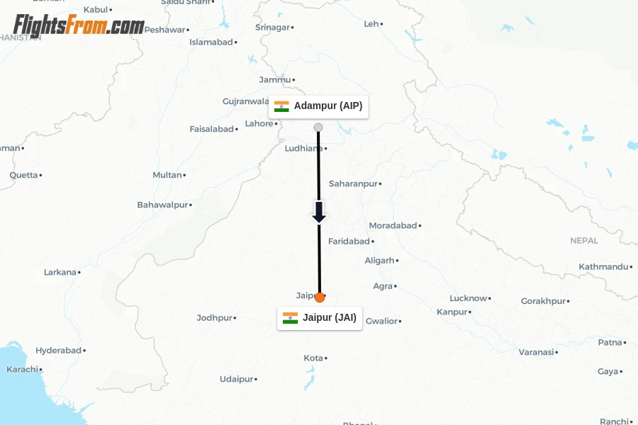 Flights from Adampur to Jaipur route map