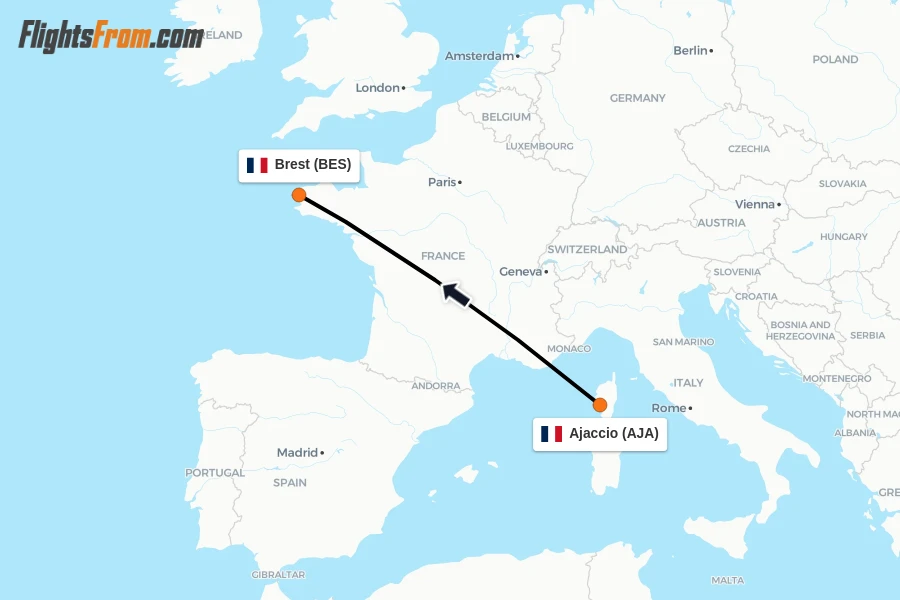 Flights from Ajaccio to Brest route map