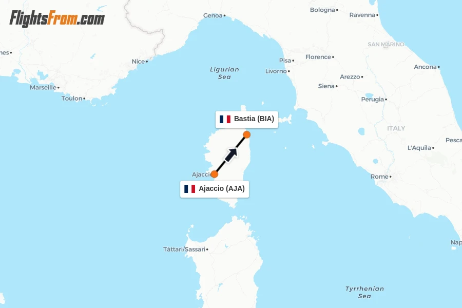 Flights from Ajaccio to Bastia route map