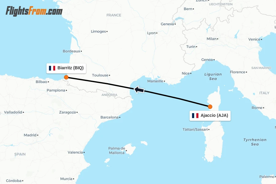 Flights from Ajaccio to Biarritz route map