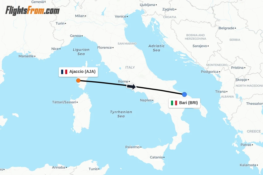 Flights from Ajaccio to Bari route map