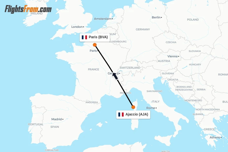 Flights from Ajaccio to Paris route map