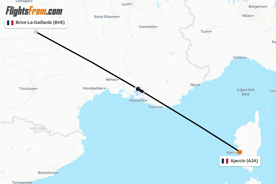 Flights from Ajaccio to Brive-La-Gaillarde route map