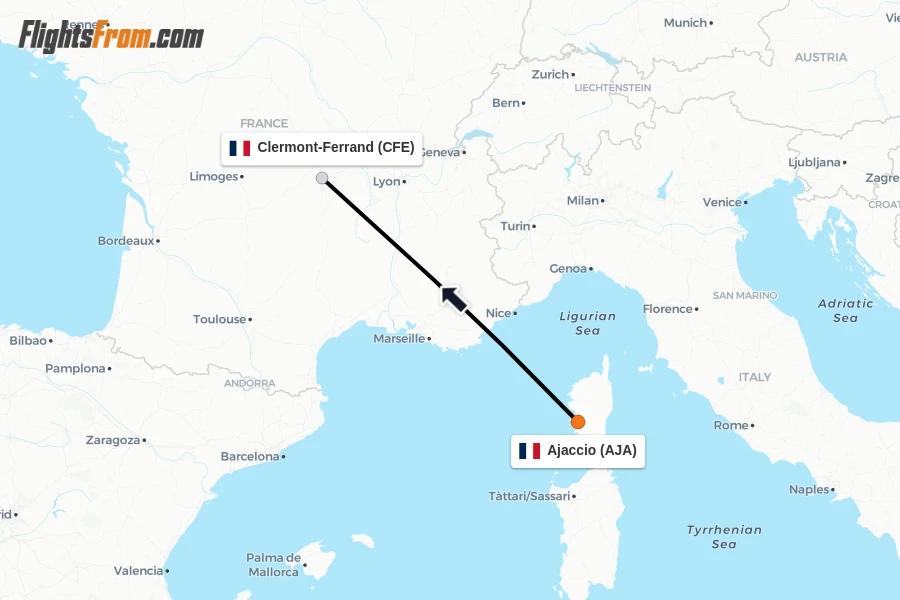 Flights from Ajaccio to Clermont-Ferrand route map
