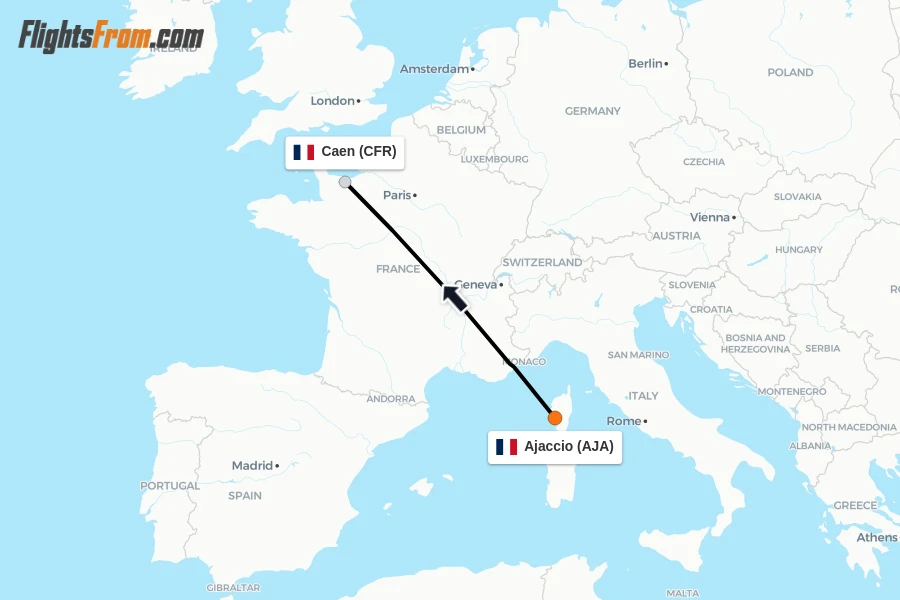 Flights from Ajaccio to Caen route map