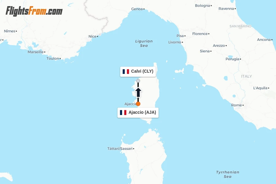 Flights from Ajaccio to Calvi route map