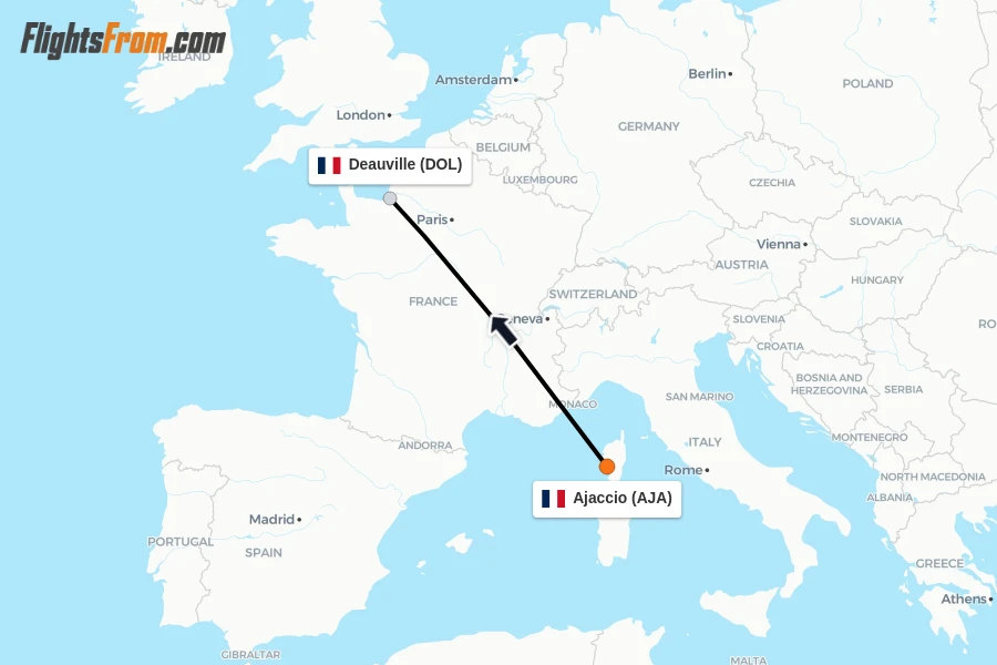 Flights from Ajaccio to Deauville route map