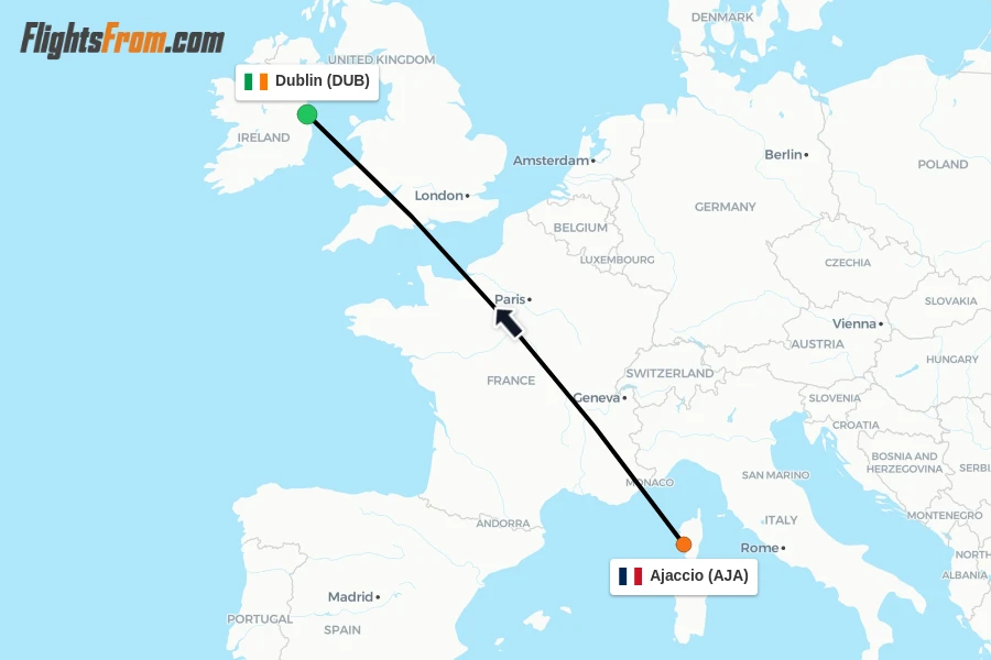 Flights from Ajaccio to Dublin route map