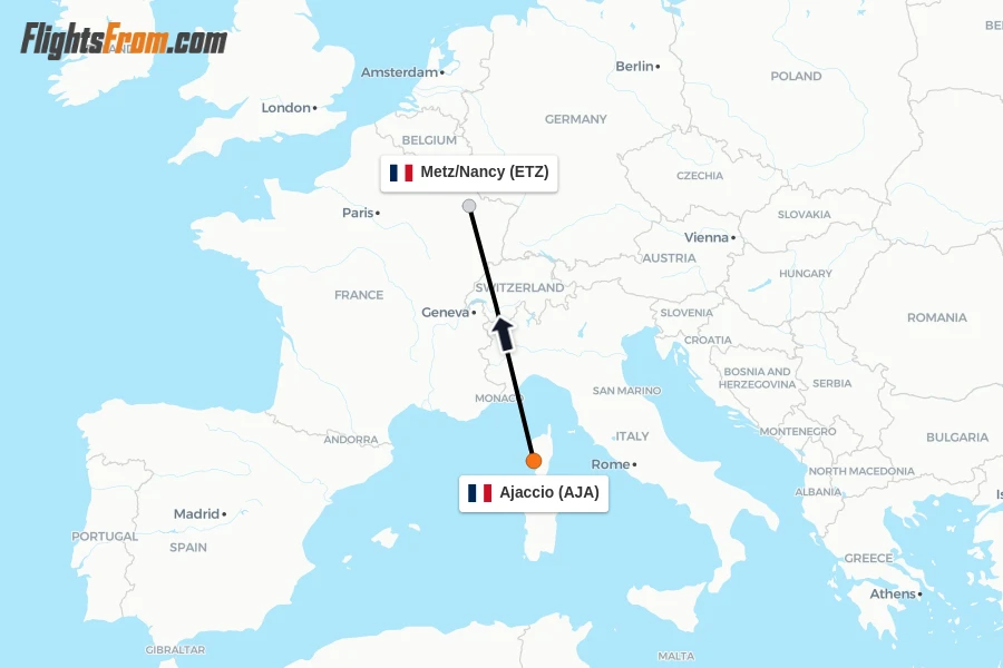 Flights from Ajaccio to Metz/Nancy route map