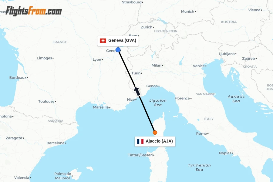 Flights from Ajaccio to Geneva route map