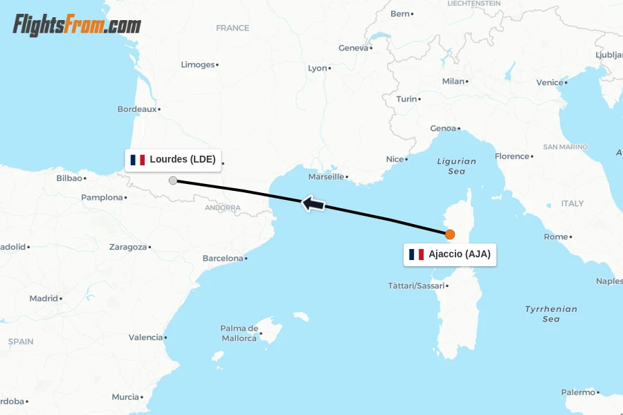 Flights from Ajaccio to Lourdes route map