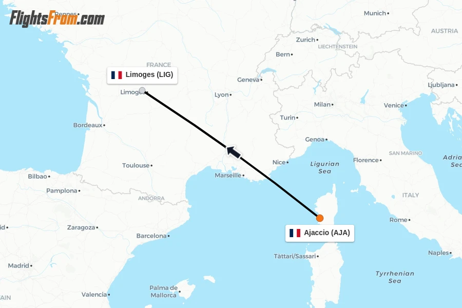 Flights from Ajaccio to Limoges route map