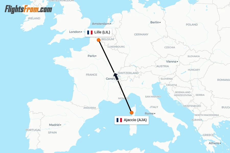 Flights from Ajaccio to Lille route map