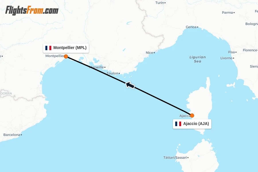 Flights from Ajaccio to Montpellier route map