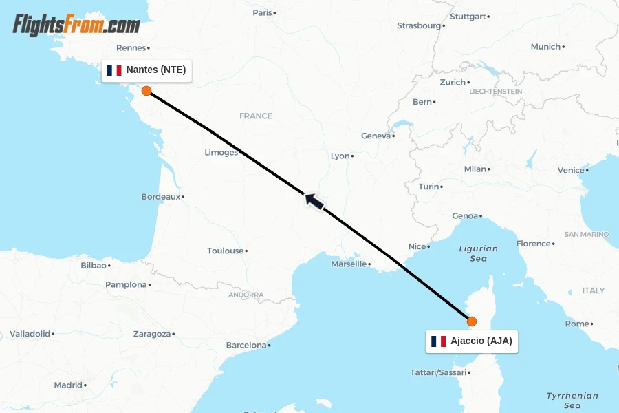 Flights from Ajaccio to Nantes route map