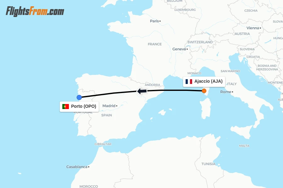 Flights from Ajaccio to Porto route map