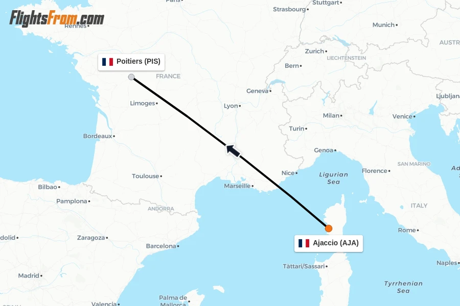 Flights from Ajaccio to Poitiers route map