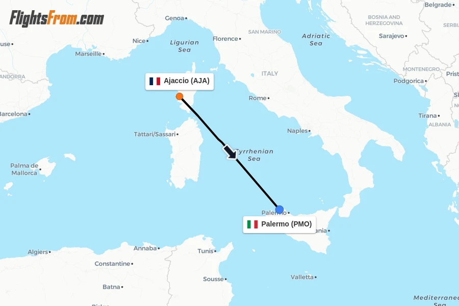Flights from Ajaccio to Palermo route map