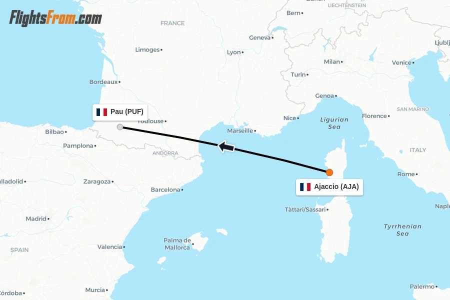 Flights from Ajaccio to Pau route map