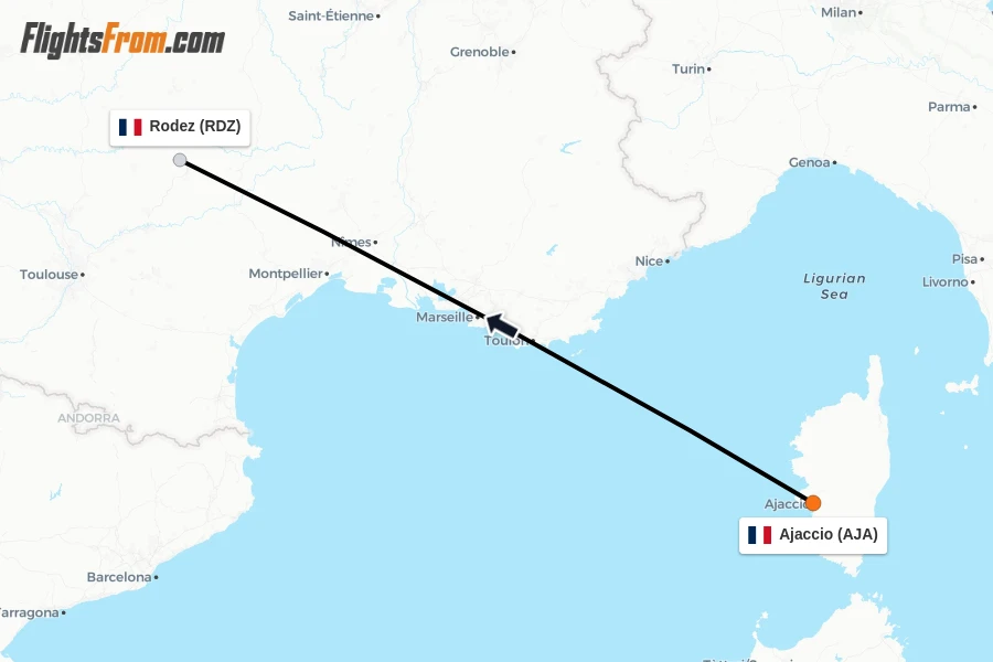 Flights from Ajaccio to Rodez route map